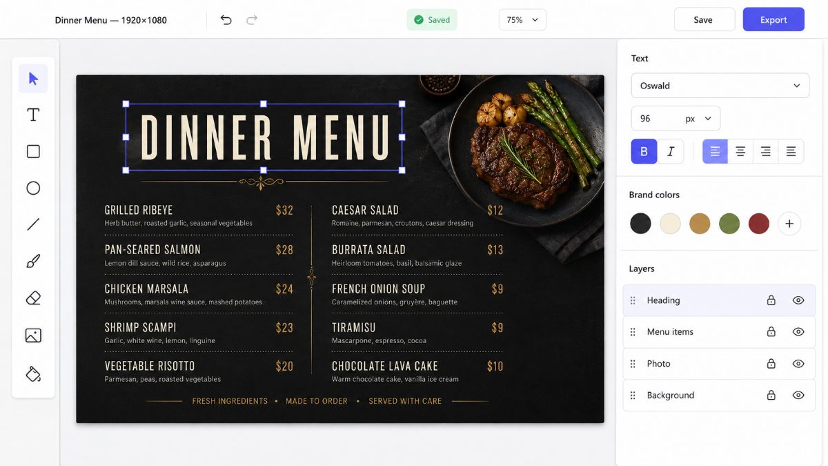 SignaCast Designer editing a dinner menu